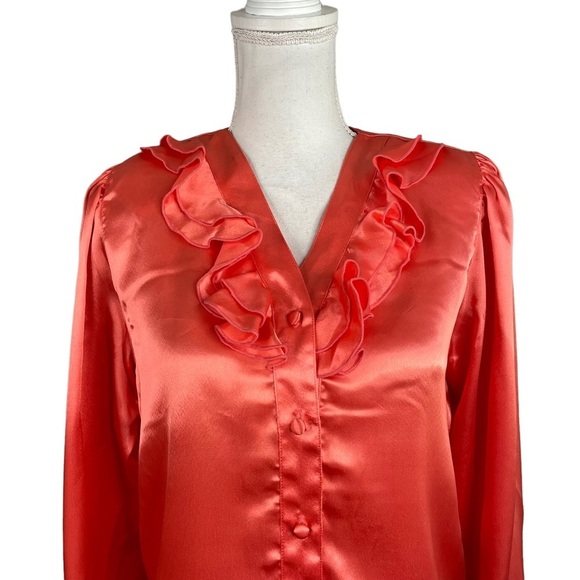 Vintage 90s Carry Black Petite Coral Satin Ruffle Neckline Long Sleeve Blouse - Picture 2 of 11